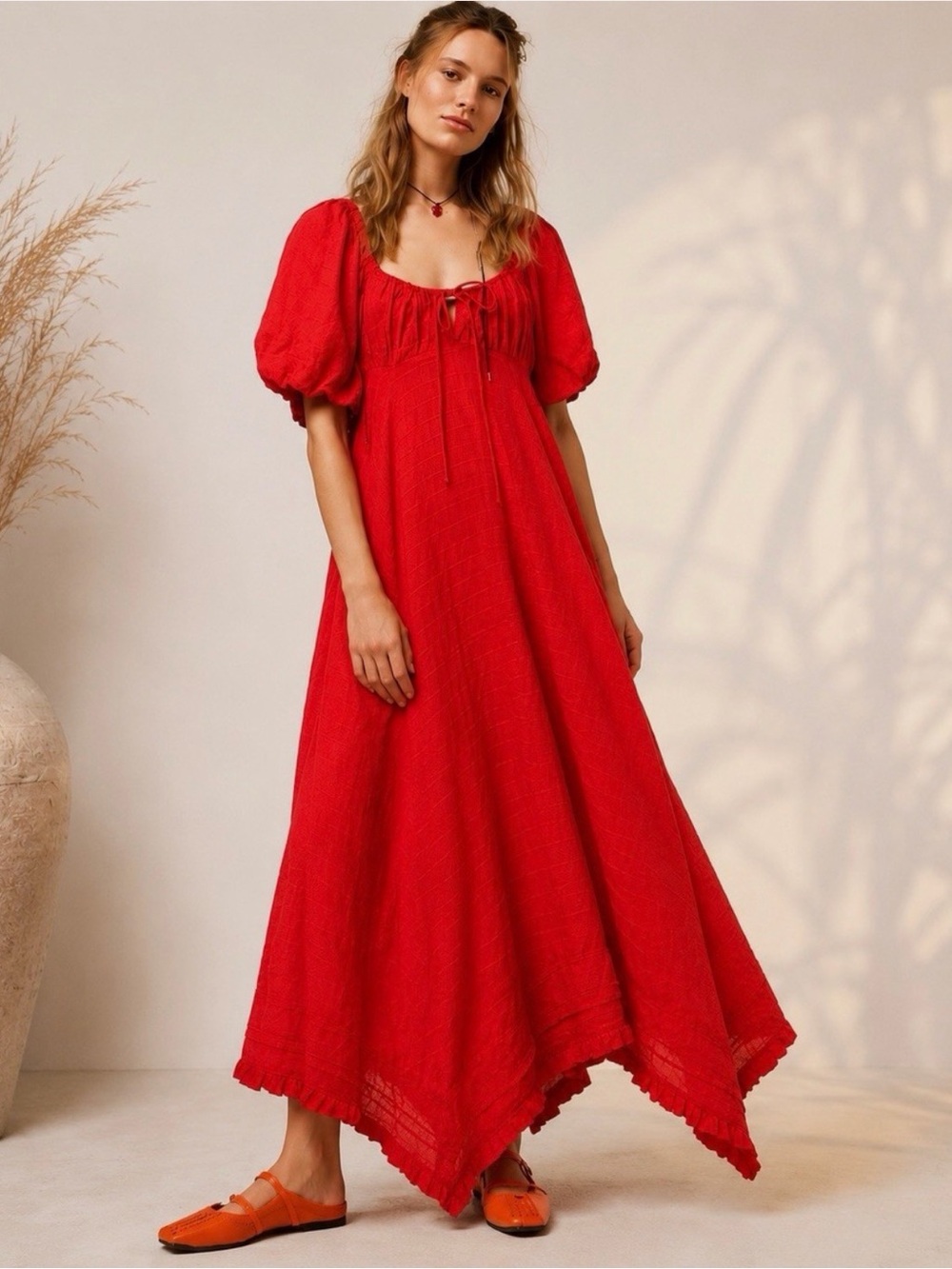 Free People Red Maxi Dress with Puff Sleeves